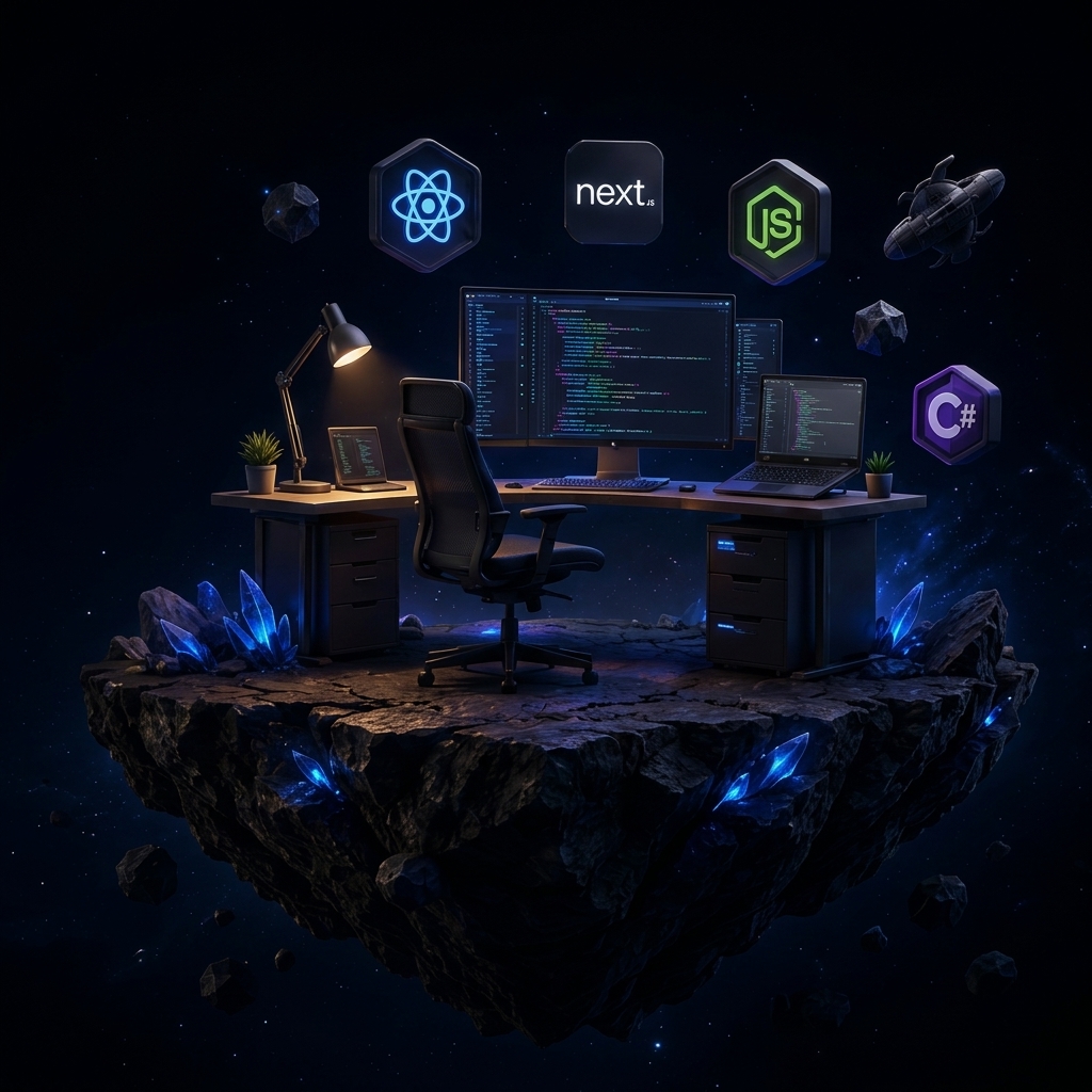 Panarwala 3D Developer Island with curved multi-monitors, workstation, and glowing crystals
