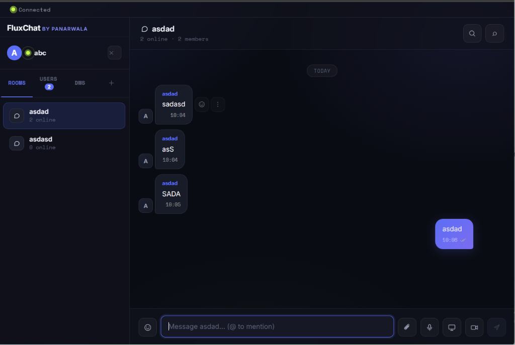 FluxChat real-time messaging, channels, offline sync, and presence