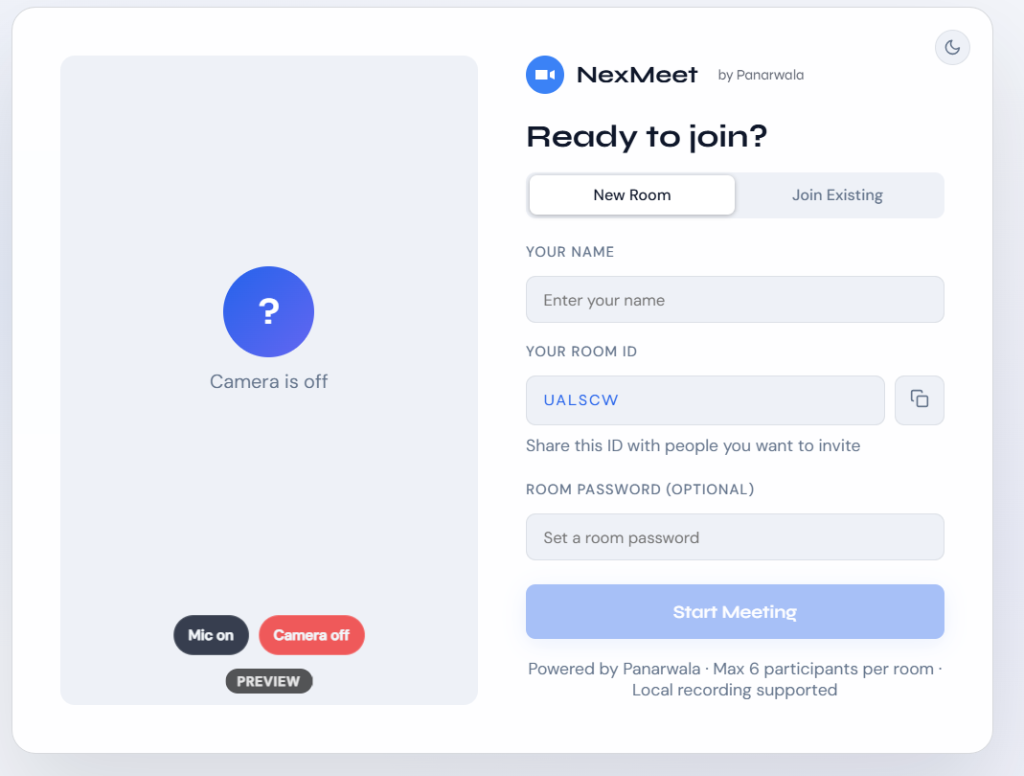 NexMeet browser-based WebRTC meetings with camera preview, room controls, and collaboration
