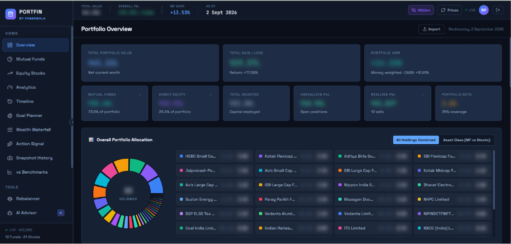 PortFin portfolio overview with FIFO analytics, allocation breakdown, and live tracking