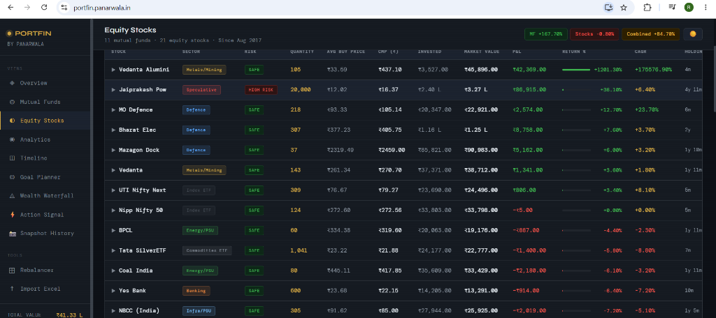 PortFin browser-only Excel portfolio tracker with equity, mutual funds, and metrics