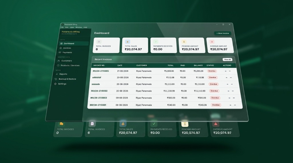 Panarwala Billing desktop dashboard with offline SQLite storage, invoice management, and metrics