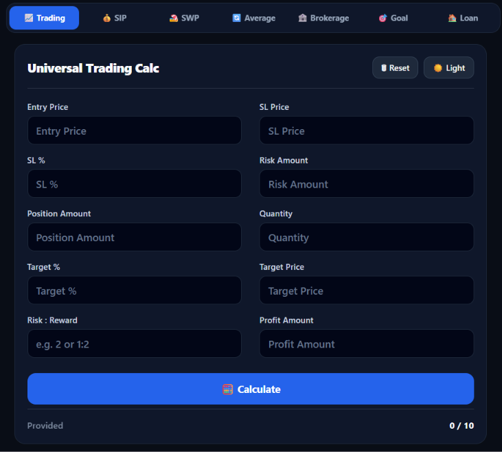 Universal Trading & Wealth Calculator with 7 financial workstations: Trading Risk, SIP Compounding, SWP, Stock Average, Brokerage Taxes, Goal Planner, and Loan EMI