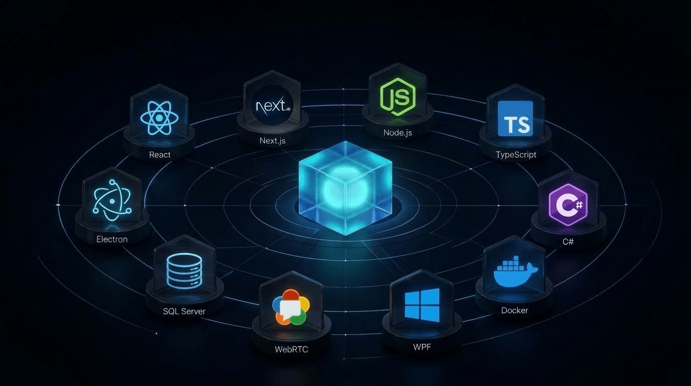 Technologies orbital layout - React, Next.js, Node.js, TypeScript, C#, Docker, WPF, WebRTC, SQL Server, Electron